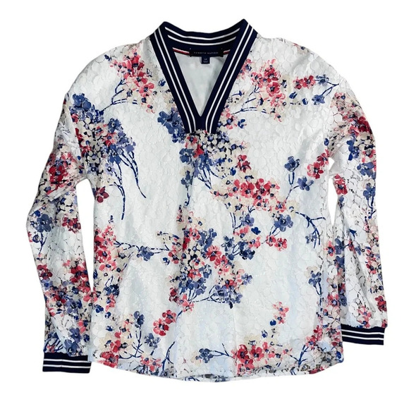 Tommy Hilfiger Tops - Tommy Hilfiger Floral Sheer Lace Overlay Pullover Cottagecore Size Small Preppy